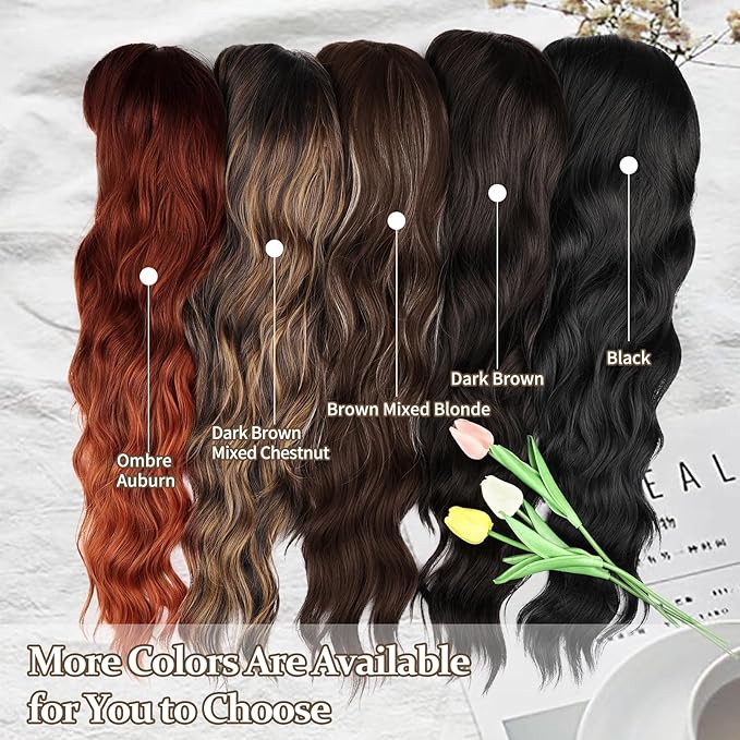 NAYOO Brown Wigs with Bangs for Women Long Curly Wavy Hair Wigs Heat Resistant Synthetic Fiber Wigs for Daily Party Use 26 Inches (Brown Mixed Blonde)