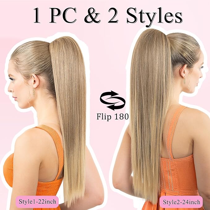 Ponytail Extension 24 Long Straight Claw Clip Ponytail Extension clip on ponytails hair clip Hair claw clip Fake Ponytail Hairpieces for Women - Pecan Blonde