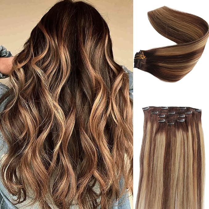 Ombre Hair Extension with Clips for WomenHighlight Brown Hair Extensions Human Hair Chocolate Brown to Strawberry Blonde Straight Remy Human Hair Extensions 5pcs 70g (#4T4P2716Inch)
