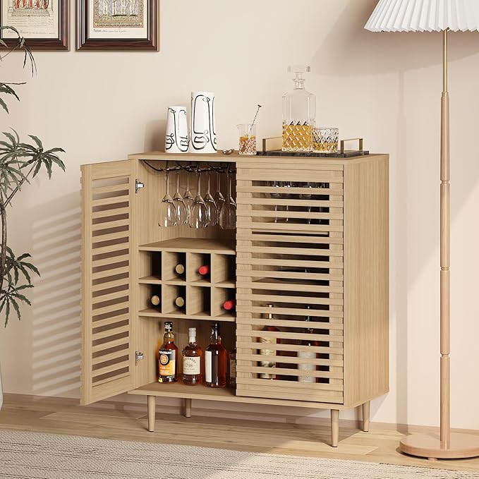 Mid Century Bar Cabinet with Wine Racks Modern Liquor Cabinet with Slatted Doors for Dining Room Living Room (Natural Color)