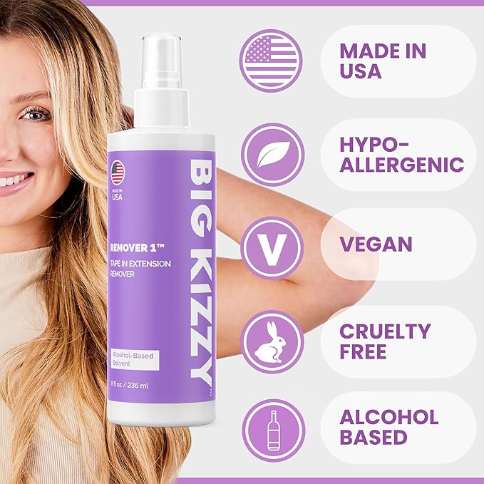 Big Kizzy Tape In Extension Remover 32oz Refill Bottle + Free 8oz Release &amp Reuse Spray Compatible with All Major Brands