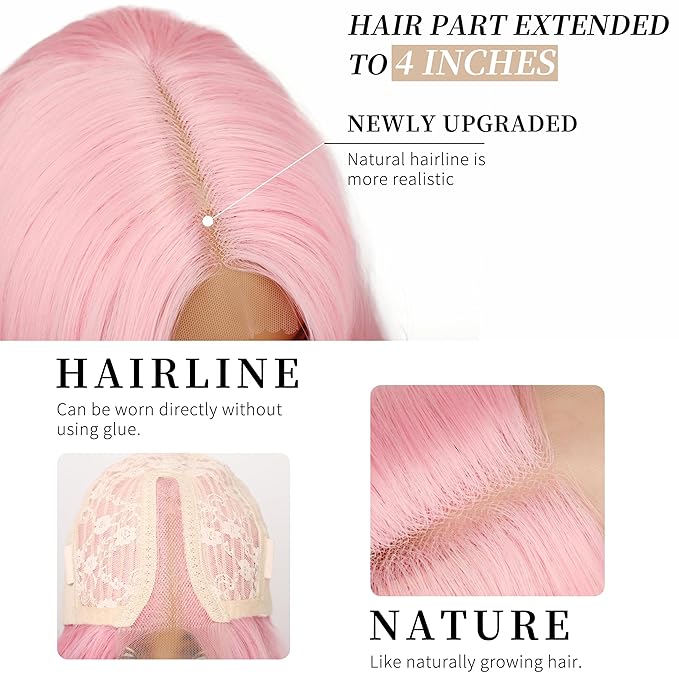 AISI HAIR Pink Wig for Women Long Wavy Lace Hairline Middle Part Synthetic Wig for Daily Party-26 Inch