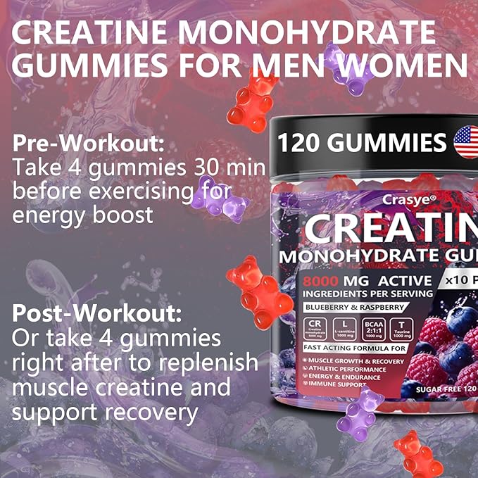 Creatine Monohydrate Gummies Complex 8000 MG for Men Women Creatine Gummy with Taurine BCAA for Energy Support and Muscle Strength Sugar Free Pre-Workout Supplement