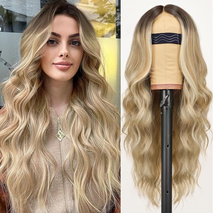 AISI HAIR Honey Blonde Wig for Women Long Wavy Lace Hairline Middle Part Synthetic Heat Resistant Wig for Daily Party-26 Inch