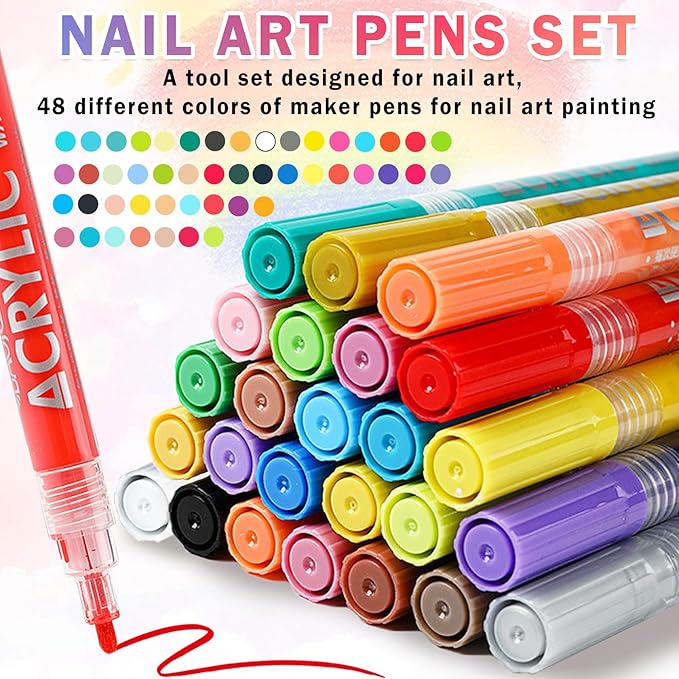 48 Colors Nail Art Pens Set Nail Polish Pens Nail Art Drawing Graffiti Marker Pen Quick Dry Waterproof Nail Art Painting Pens Kit for Home DIY Nail Art Design