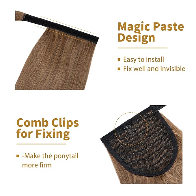 SEGO Ponytail Extension Human Hair Real Human Hair Clip In Wrap Around Long Straight Ponytail With Magic Paste Pony Hairpieces for Women -18 Inch 90g 6 Light Brown