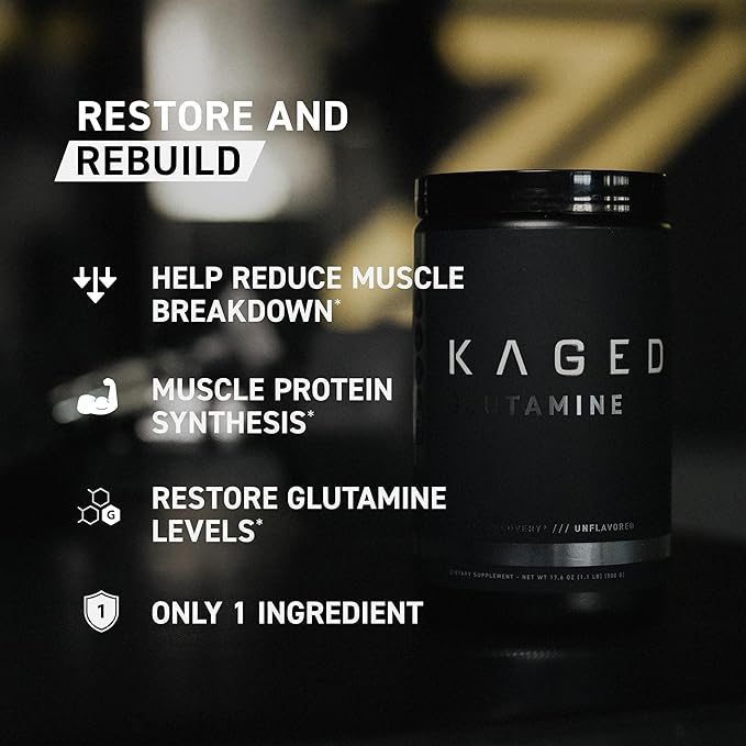 Kaged Muscle L-Glutamine Powder 500 Gram Vegan Support Muscle Recovery Post Workout Glutamine Banned-Substance Free Unflavored 100 Servings