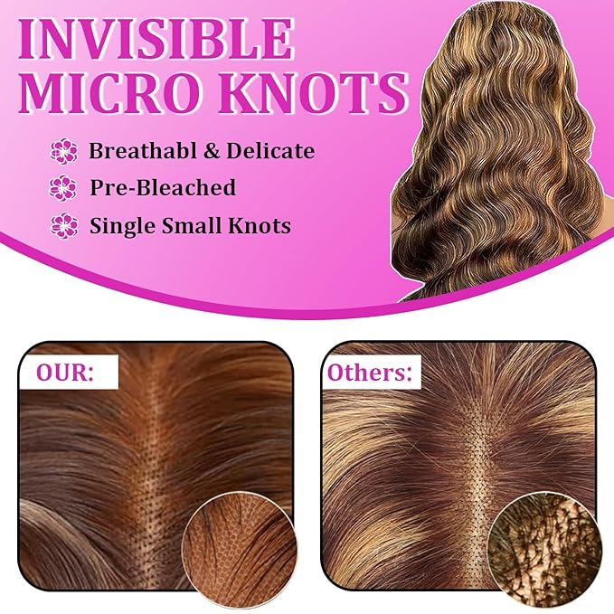Highlight Wig Human Hair 13x6 Body Wave Lace Front Wigs Human Hair Ombre Wear and Go Glueless Pre Cut Full Frontal Lace Wig for Women 180 Density Virgin Hair Wigs 4/27 Colored 20 inch