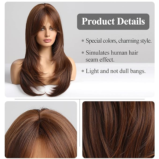 Heat Resistant Wigs Human Hair Mixed Synthetic Long Layered Black Blonde Highlights with Bangs for Women Party Cosplay