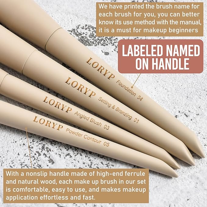 LORYP Makeup Brushes Set Labeled 18 Piece Face and Eye Brush Set Ultra soft hair Foundation Concealer Blush Contour Blending Eyeshadow Khaki Brush kit