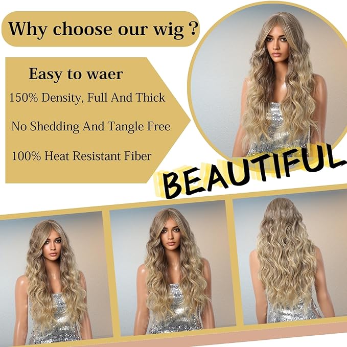Haoland Ombre Blonde Curly Wig for Women 26 Inch Long Synthetic Wavy Wig with Bangs
