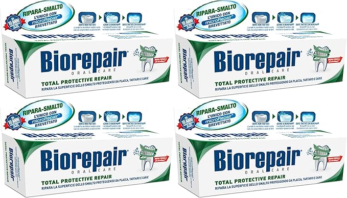 Biorepair: Total Protective Repair Toothpaste with microRepair New Formula - 2.5 Fluid Ounce (75ml) Tubes (Pack of 4) [ Italian Import ]