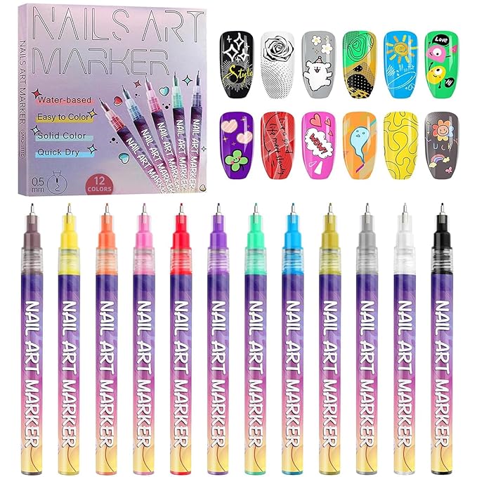 Kalolary 12 Color Nail Art Pens Set Nail Art Markers Polish Pens Nail Point Graffiti Dotting Pen Drawing Painting Liner Brush for DIY Nail Art Beauty Adorn Manicure Tools