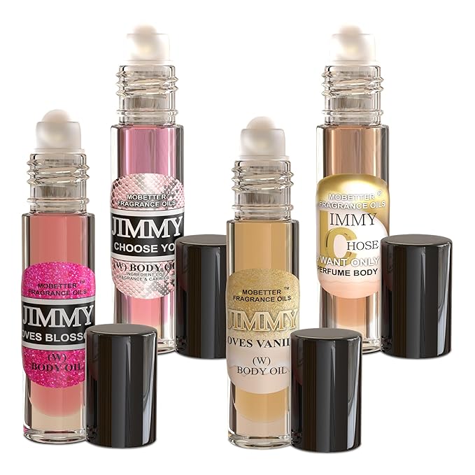 MOBETTER FRAGRANCE OILS Women's Perfume Body Oil Bundle - Set of 4 Roll-On | Jimmy Choose You Chose To Want Only You Loves Blossoms Loves Vanilla | Long Lasting Travel Friendly Alcohol-Free