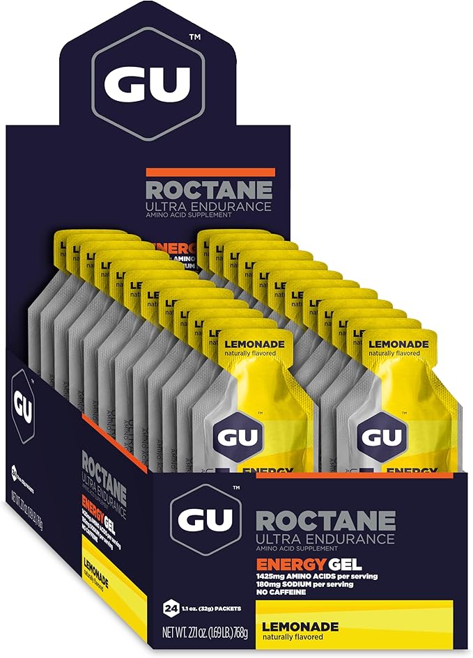 GU Energy Roctane Ultra Endurance Energy Gel Vegan Gluten-Free Kosher and Dairy-Free On-The-Go Sports Nutrition for Running Biking Hiking or Skiing 24-Count Lemonade