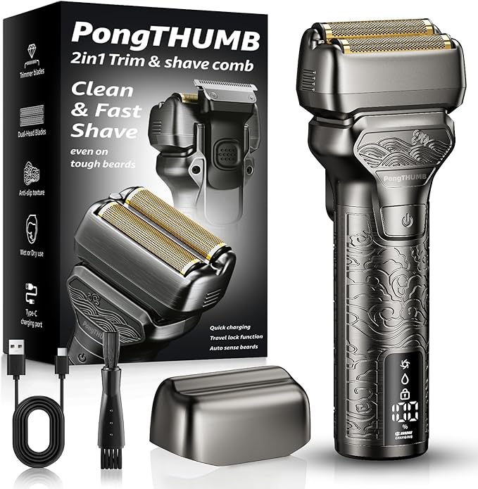 Electric Foil Shaver for Men: Rechargeable Razor with Push-Up Trimmer for Face - Cordless Wet/Dry/Anti-Slip Waterproof Shavers with LED Display - Metal Handheld Design Gray Silver