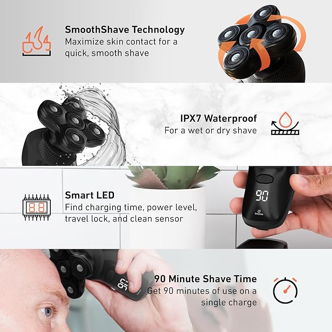 Groomie Cordless Bald Head Shavers for Men BaldiePro Head Grooming Kit - Ergonomic &amp Waterproof Head Shavers for Bald Men - Electric Hair Shaver &amp Head Razor - Men's Rotary Shaver for Smooth