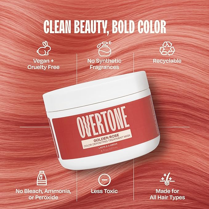 Overtone Semi Permanent Hair Color Conditioner Rose Gold for Brown is Golden Rose 8 oz Nourishing Damage-Free Color Depositing Mask for All Hair Types with Shea Butter &amp Coconut Oil Vegan