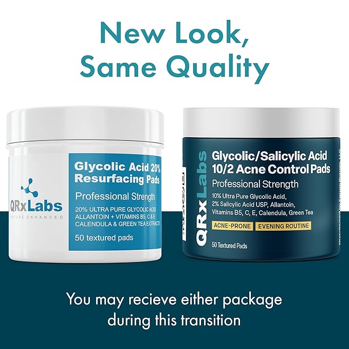 QRxLabs Glycolic/Salicylic Acid 10/2 Acne Control Pads with 10% Ultra Pure Glycolic + 2% Salicylic Acid Allantoin Vitamins B5 C &amp E Calendula Green Tea - Most Effective Treatment Clear Skin -