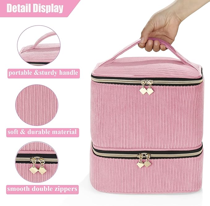 Corduroy Nail Polish Organizer and Nail Lamp Case Nail Kit Organizer Holds 30 Bottles (15ml - 0.5 fl.oz) and a Nail Lamp Nail Polish Carrying Case with Manicure Tools Storage Sections (Pink)