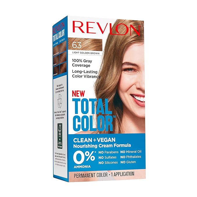 Revlon Permanent Hair Color Permanent Hair Dye Total Color with 100% Gray Coverage Clean &amp Vegan 63 Light Golden Brown 3.5 Oz