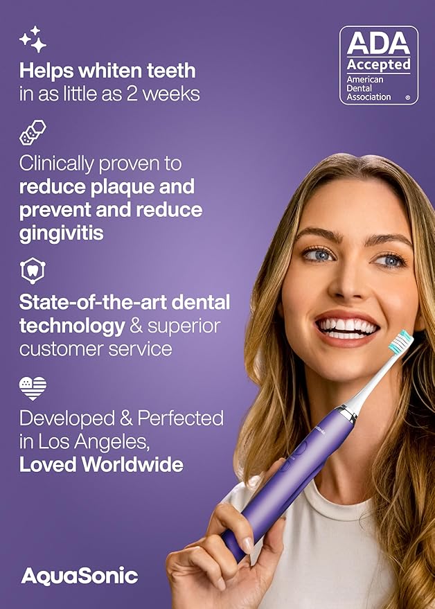 Aquasonic Vibe Series Ultra-Whitening Toothbrush ? ADA Accepted Electric Toothbrush - 8 Brush Heads &amp Travel Case ? 40000 VPM Motor &amp Wireless Charging - 4 Modes w Smart Timer ? Satin Violet