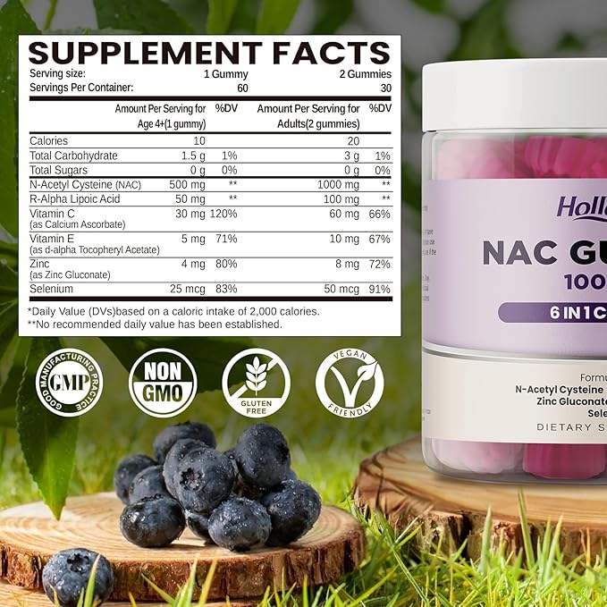 6 in 1 NAC Gummies Chewable N Acetyl Cysteine 1000mg Supplement for Kids &amp Adults with ALA Zinc Vitamin C &amp E Selenium Support Antioxidant &amp Immune System Blueberry Flavor Sugar Fr