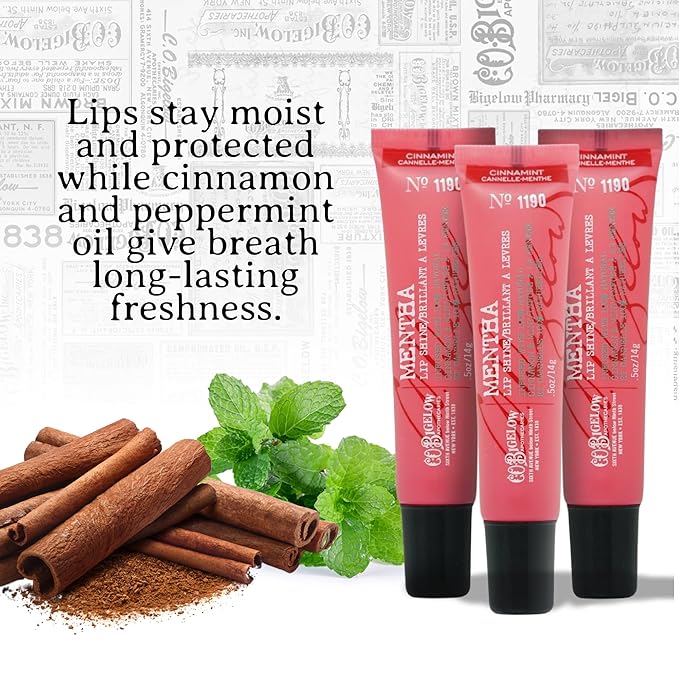 C.O. Bigelow Cinnamint Mentha Lip Shine Balm Tubes Pack of 3 Bulk Lip Gloss with Cinnamon &amp Peppermint Oil High Gloss Shine Finish 0.5 oz