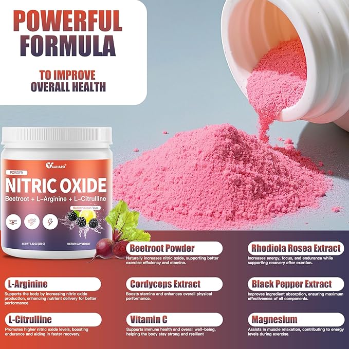 Nitric Oxide Supplement - Beet Root Powder with L-Citrulline &amp L-Arginine Nitric Oxide Supplements for Men Women with Beetroot Supports Energy Heart Health BlackBerry Lemon Flavor 35-Day Supp