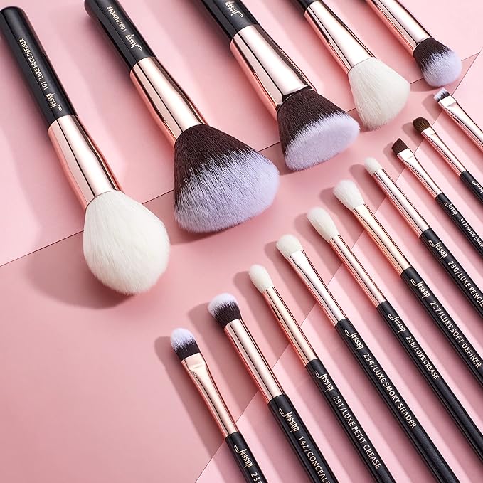 Jessup Makeup Brushes Labeled Makeup Brush Set Premium Synthetic and Natural Hair Foundation Powder Concealer Eyeshadow Blending 15pcs Brush Kit Rose Gold/Black T160
