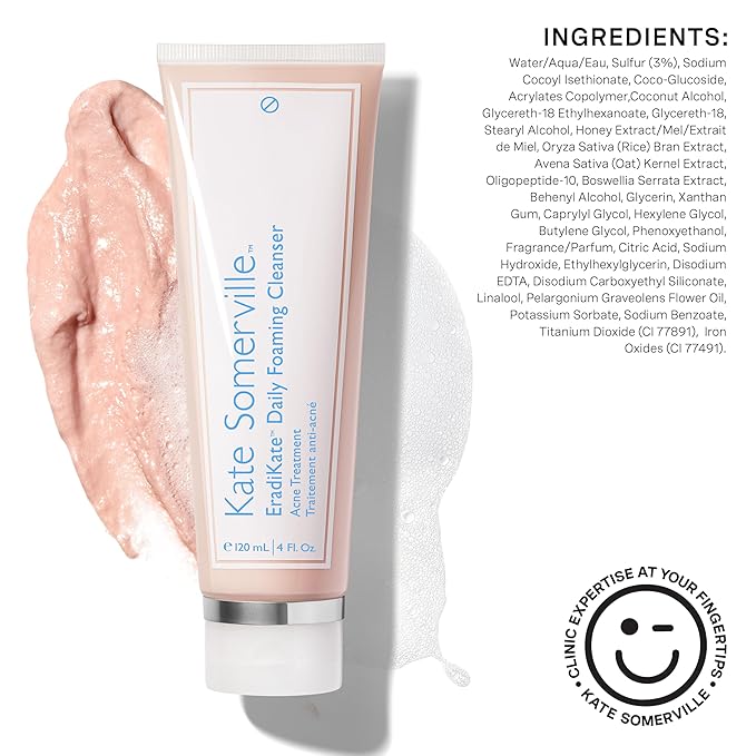 Kate Somerville EradiKate 3% Sulfur Daily Foaming Cleanser Acne Treatment ? Clinically Formulated Medicated Face Wash Balances Skin and Cleans Pores 2-Pack of 4 Fl Oz Each