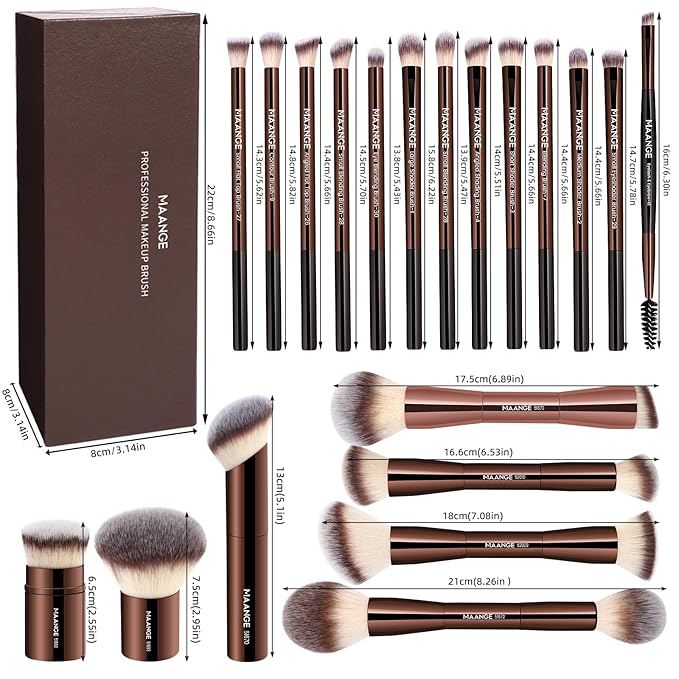 MAANGE 20 Pcs Makeup Brushes with Gift Box Double-End Multi-functional Makeup Brushes for Blending Liquid Powder Concealer Cream Blush BuffeCoffeeBrown