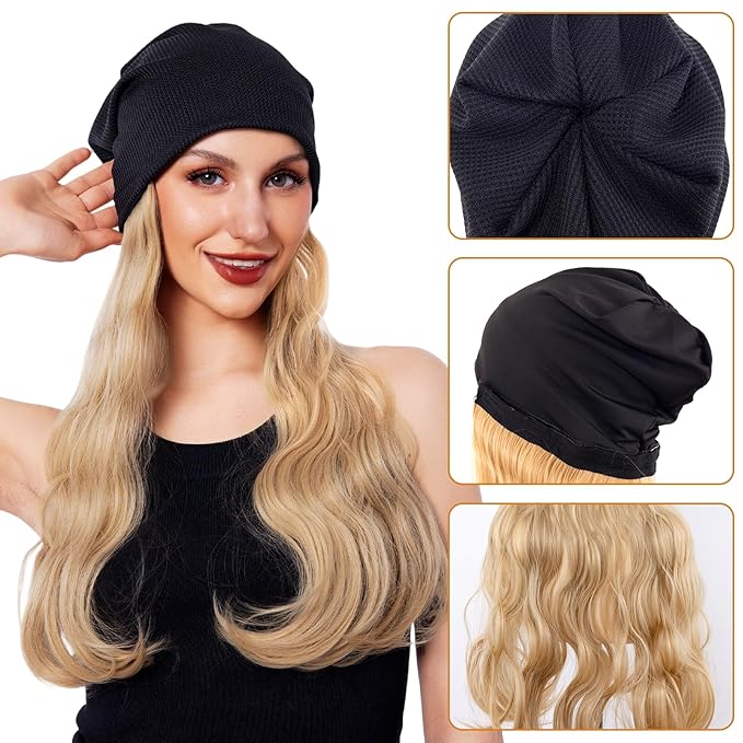 Long Curly Hair Synthetic Hat Wig Knitted Hat with Hair Attached for Women White Blonde Cosplay Beanie Wavy Wig Cap (28in)(Blonde)