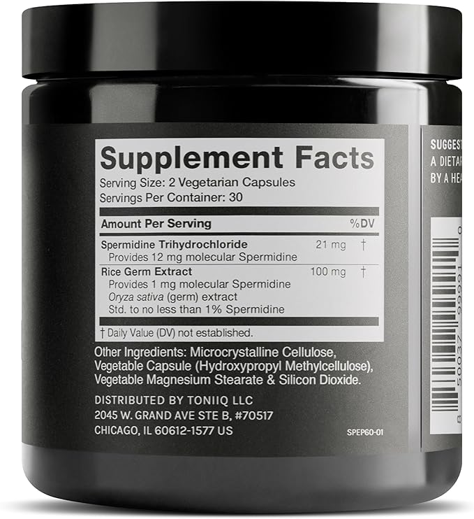 Toniiq 22mg Ultra Concentrated Spermidine Supplement -Spermidine Supplements for Men and Women - Rice Germ Extract and Trihydrochloride Complex Blend - 60 Vegetarian Capsules - 30 Servings