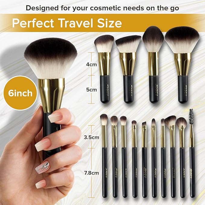 JENNI V Premium Travel Makeup Brushes Set - 14 Pc Mini Makeup Brushes with Handmade Leather Case - Portable Travel Makeup Brush Set with Holder - Travel Size Makeup Products for Blush Foundation