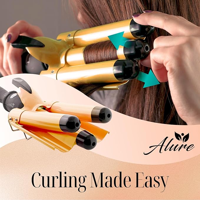 Alure Three Barrel Curling Iron Wand Hair Waver with LCD Temperature Display - 1 Inch Ceramic Tourmaline Triple Barrels Dual Voltage Crimp (zGold)