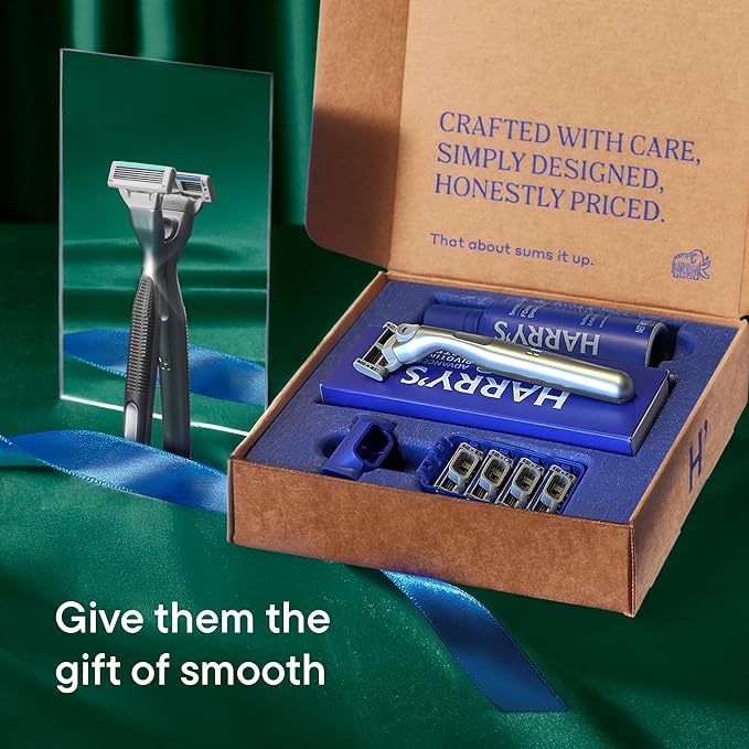 HARRY'S PLUS: Shaving Kit for Men ? Gift Box with Premium Handle 5 Razor Blade Cartridges 2 oz Foaming Shave Gel &amp Travel Cover Advanced Pivoting System ? Onyx