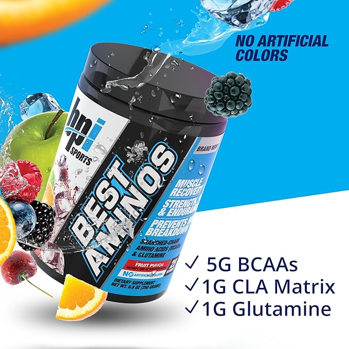 BPI Sports Best Aminos - BCAA Powder Post Workout &amp Glutamine Recovery Drink with Branched Chain Amino Acids for Hydration &amp Recovery for Men &amp Women - Fruit Punch - 25 Servings