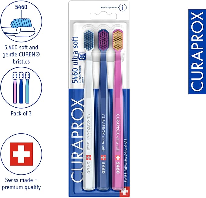 Curaprox CS 5460 Ultra-Soft Toothbrush ? for Sensitive Teeth &amp Gums | Gentle Plaque Removal | 3-Pack |Random Colour