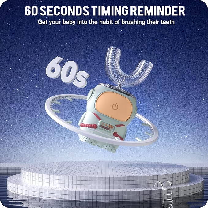 Ultrasonic Kid's U-Shaped Electric Toothbrush IPX7 Waterproof Five Cleaning Modes 60S Smart Reminder (Cartoon Astronaut Green Ages 2-6)