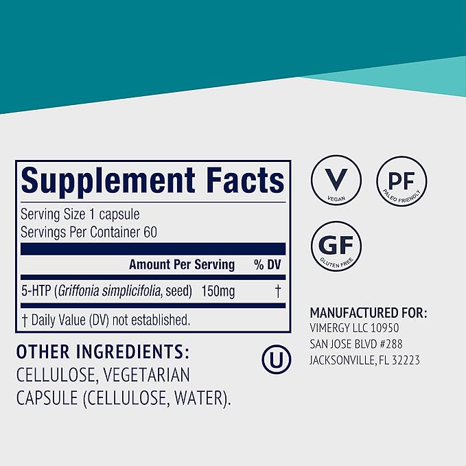 Vimergy 5-HTP Capsules? Clean Formula Supporting a Healthy Mood Better Sleep and May Enhance Serotonin Levels.* Kosher and Vegan. ? (60 ct.)