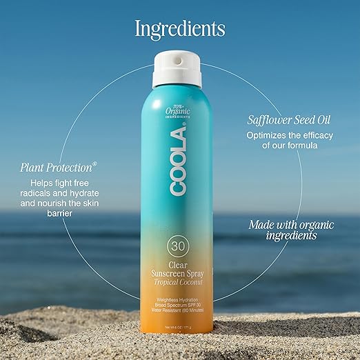 COOLA Organic Sunscreen SPF 30 Sunblock Spray Dermatologist Tested Skin Care for Daily Protection Vegan and Gluten Free Tropical Coconut