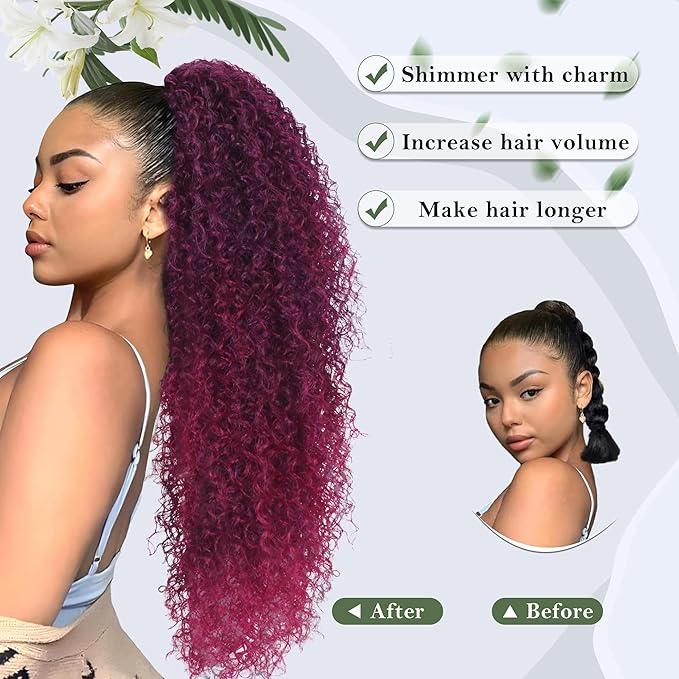 27 Inch Drawstring Ponytail Extension for Black Women Deep Curly Ponytail Extension Synthetic Mixed with Human Hair Hairpieces Afro Kinky Curly Pony Tail for Daily Use (Purple Mixed Red)