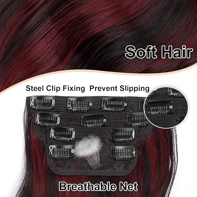 Vigorous Clip in Hair Extensions 4Pcs Black Burgundy mixed Synthetic Hair Extension 20 Inches Full Head Thick Long Wavy Synthetic Hairpieces for Women