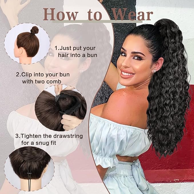 AISI BEAUTY Ponytail Extension for Black Women Drawstring Ponytail Natural Black Long Curly Wavy Ponytail 24 Inch Synthetic Clip in Ponytails Hair Extensions for Daily Use(T1B/30)