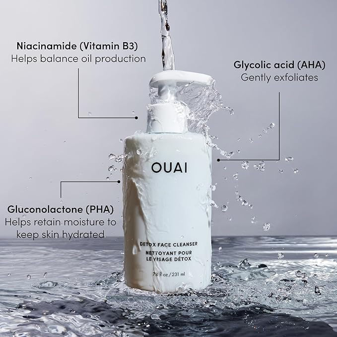 OUAI Detox Facial Cleanser - Deep Cleansing Face Wash with Glycolic Acid Niacinamide &amp PHA - Removes Sweat Dirt &amp Oil Without Drying - Gentle Face Cleanser for Post-Workout (7.8 Fl Oz)
