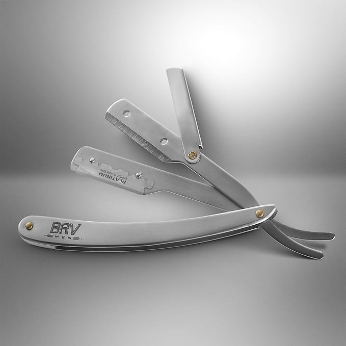 BRV MEN Professional Straight Edge Barber Razor w/ 100 Single Edge Razor Blades | Straight Razors for Men | Barbershop Accessories | Mens Shaving Knife &amp Shavette - Silver