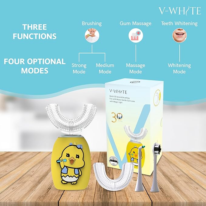 V-WHITE Ultrasonic U-Shaped Toothbrush For Teeth Whitening Electric Toothbrush - 360° Mouth Cleansing Hands Free Gums Protection - Wireless Charging - Waterproof IPX7 Certified (YELLOW - KIDS KIDS)