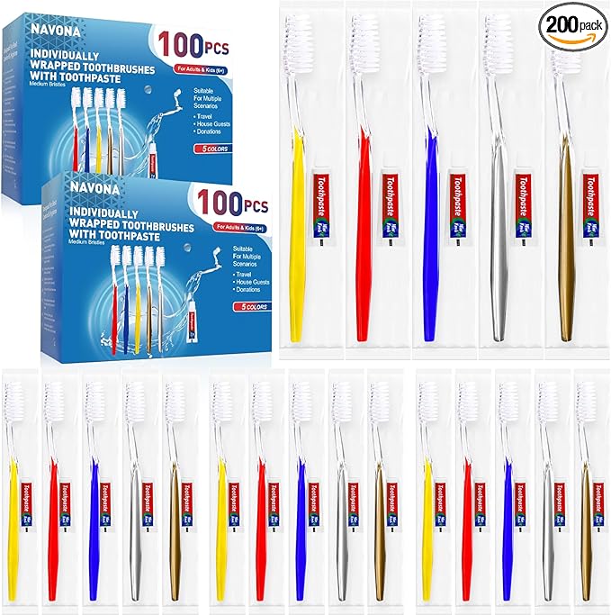 Navona 200 PCS Disposable Toothbrush with Toothpaste Bulk Travel Toothpaste Bulk Toothpastes Individually Wrapped Bulk Toothbrush Ergonomics HandleMedium Soft Bristle Perfect for Travel Hotel