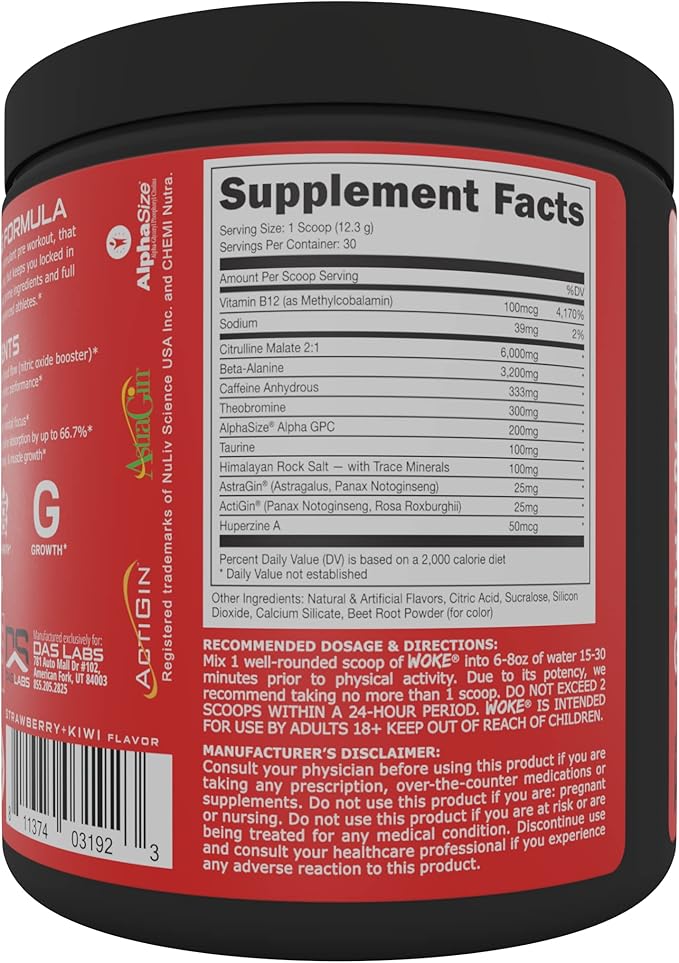 Bucked Up - Woke - HIGH STIM Pre Workout - Best Tasting - Focus Nootropic Pump Strength and Growth 30 Servings (Strawberry Kiwi)